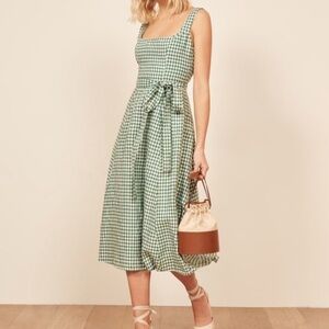 REFORMATION Garten Linen Midi Wrap Dress in Palms Green Gingham NWT Size XS